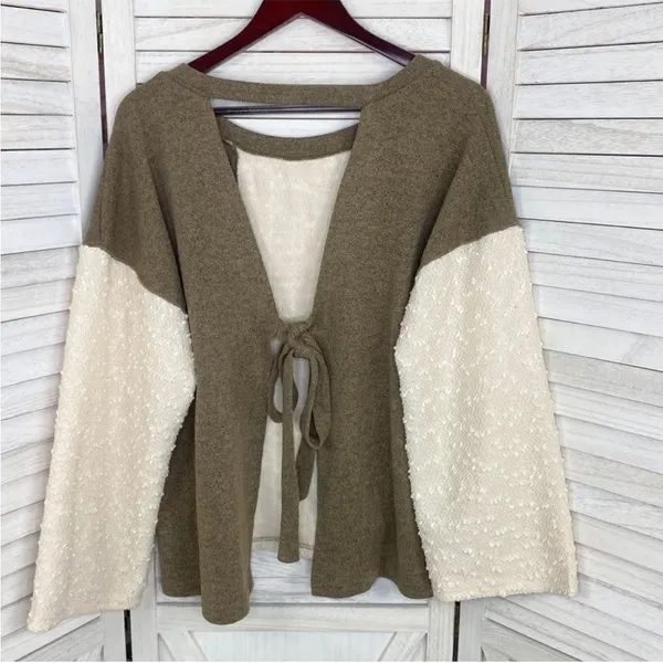 POL Open Tie Back Sweater Bell Sleeve Color Block Brown Cream Large‎ Boho - Image 9
