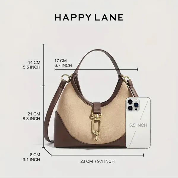 Happy Lane Two-Tone Hobo Shoulder Bag Suede Brown Beige Gold Hardware NIP - Image 6
