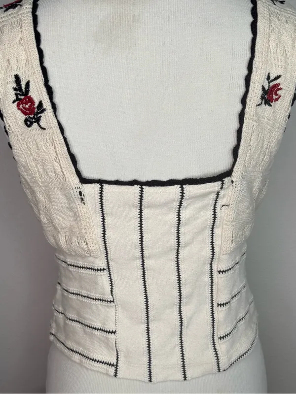 Free People Corset Top Tank Rose Bud Knit Floral Embroidery Crochet Accents Boho - Image 7