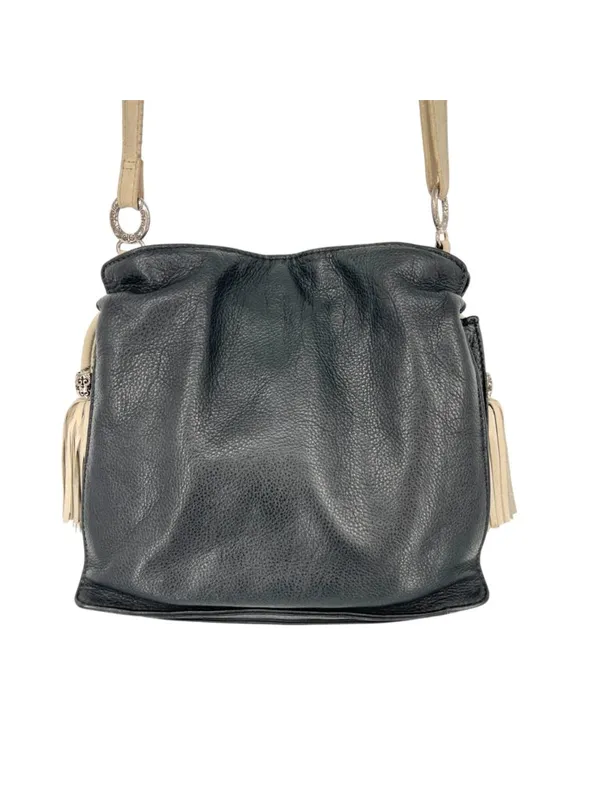 Brighton Boho Western Bucket Slouch Bag Leather Black White Tassel Silver Charms - Image 11