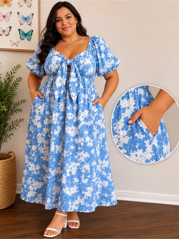 Blue & White Floral Textured Bow Front Midi Dress XXL NWT - Image 2