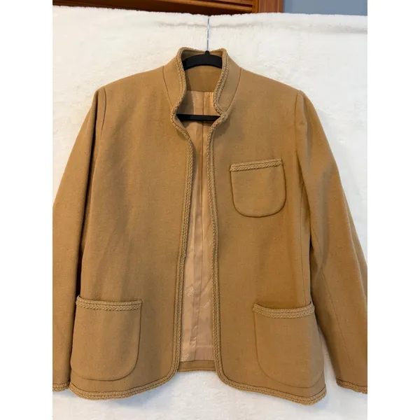 Dalton Vintage Wool Blazer Womens 10 Camel Tan Braided Trim Stand Collar Jacket - Image 6