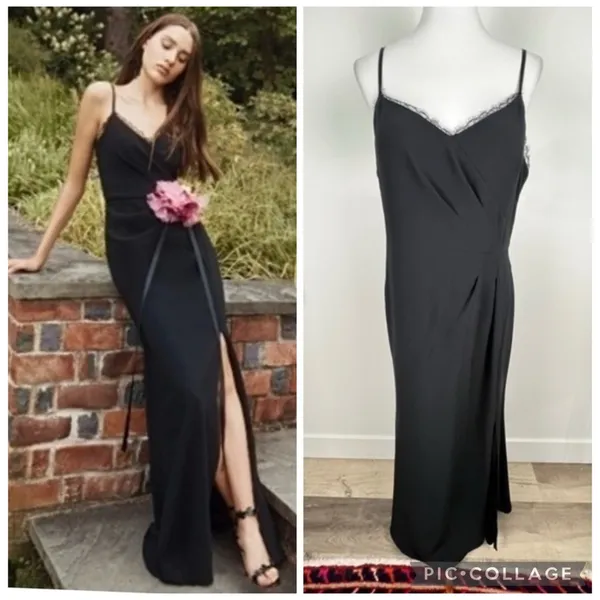 Marchesa Notte Chantilly Lace Trimmed Crepe Gown Black 12 Formal Elegant Evening - Image 2