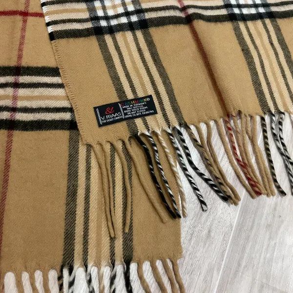 V. Fraas Cashmink Scarf Tan Plaid Check Made‎ in Germany Fringed Winter Wrap - Image 2