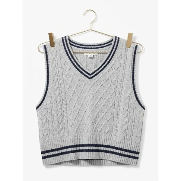 American Eagle Women Sweater Vest Small Gray Cotton Varsity Cable Knit Cropped - Image 6
