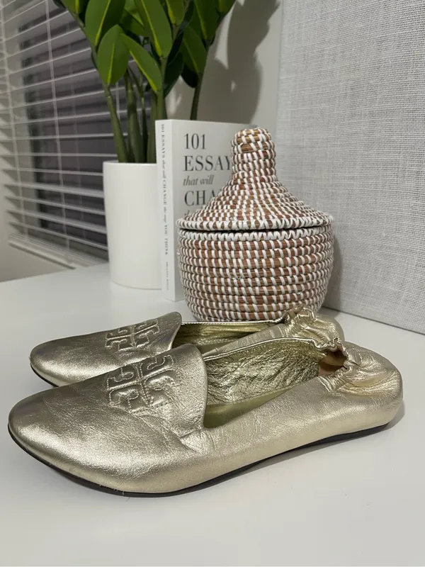 TORY BURCH gold smoking loafers metallic leather loafer shoes work career logo 7 - Image 6