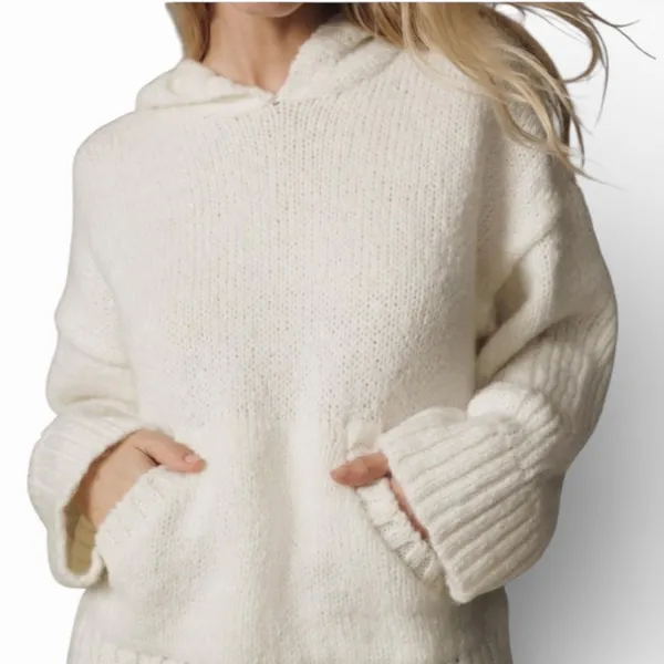 PILCRO Anthropologie‎ Cream Chunky Knit Oversized Hoodie Sweater Women Large - Image 2