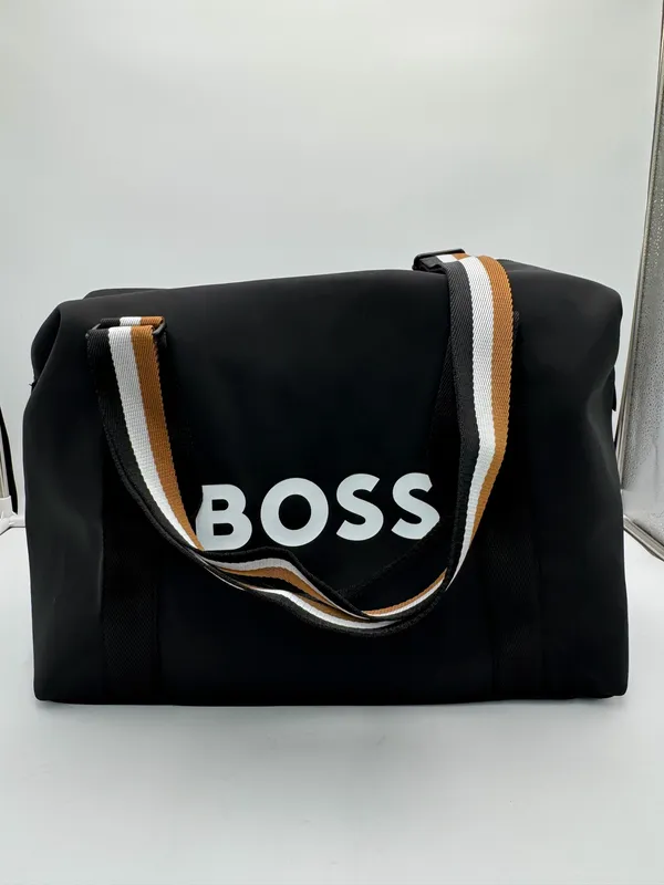 Hugo Boss Black Weekender Duffel Travel Gym Bag Striped Handles Zip Tote - Image 2
