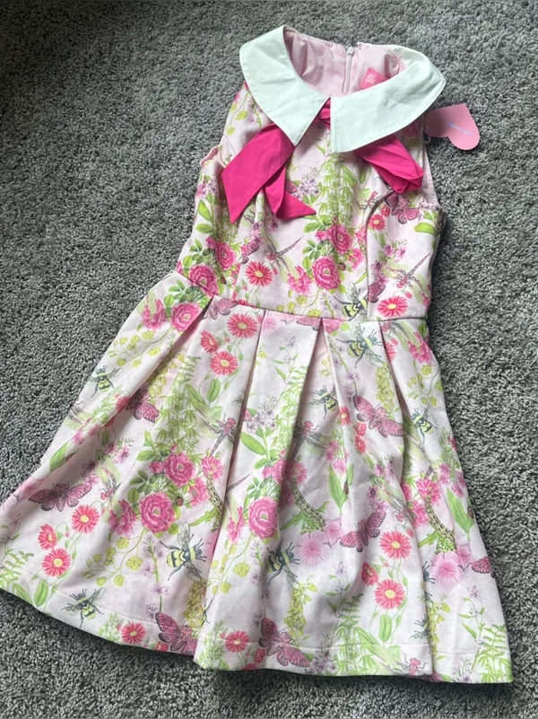 Sugar Thrillz Don’t Bug Me Pink and Green Floral Mini Dress with White Collar - Image 2