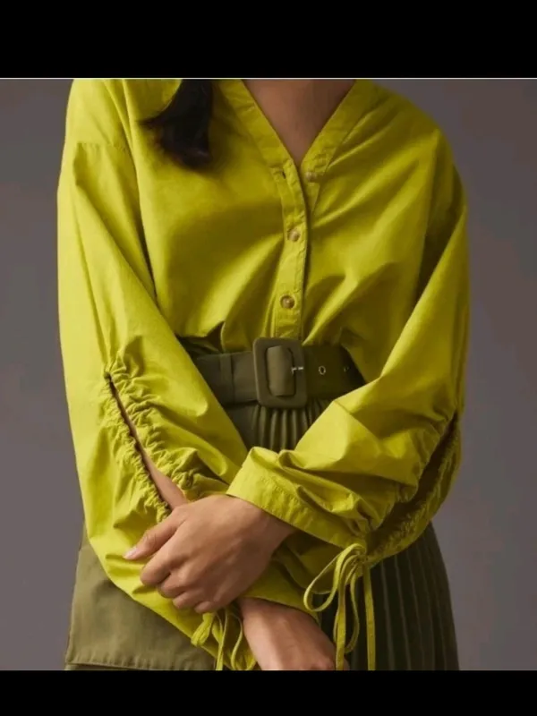Anthropologie Pilcro Chartreuse Green Poplin Drawstring Sleeve Blouse - Image 2