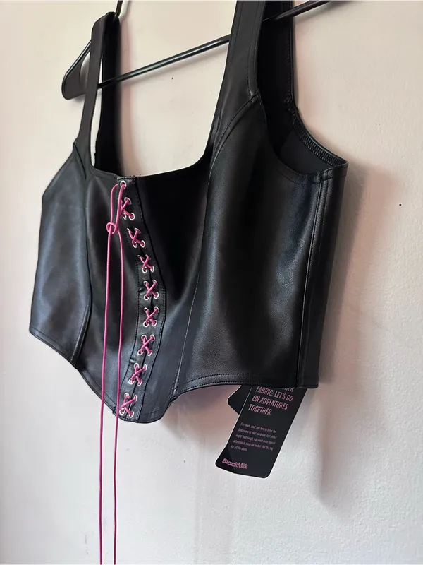 Blackmilk Black Faux Leather Corset Crop Top with Pink Lace-Up - Image 9