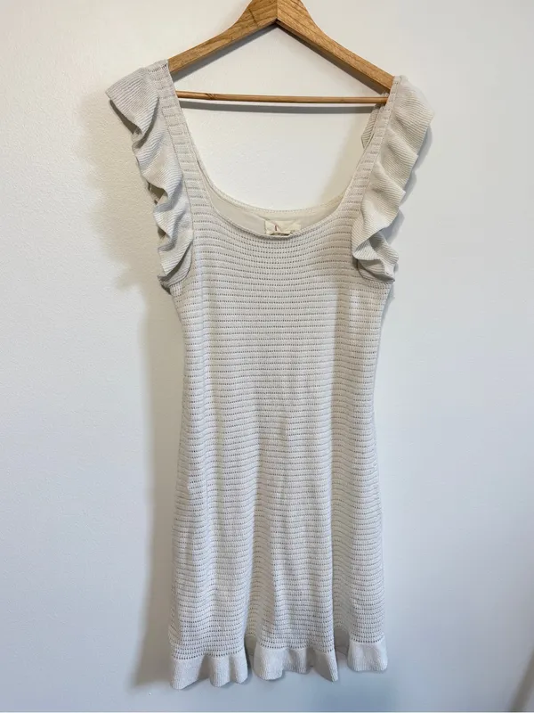 Anthropologie Ruffled Pointelle Mini Dress Size Medium Crochet Knit Ivory Fall - Image 2