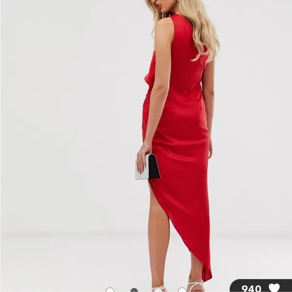 ASOS DESIGN satin one shoulder drape midi‎ dress in red womens size 8 C27 - Image 2
