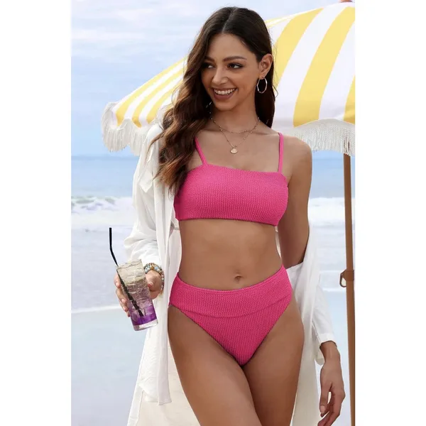 ANRABESS High Waisted Bikini Set Tummy Control Textured Pink Women’s M - Image 3