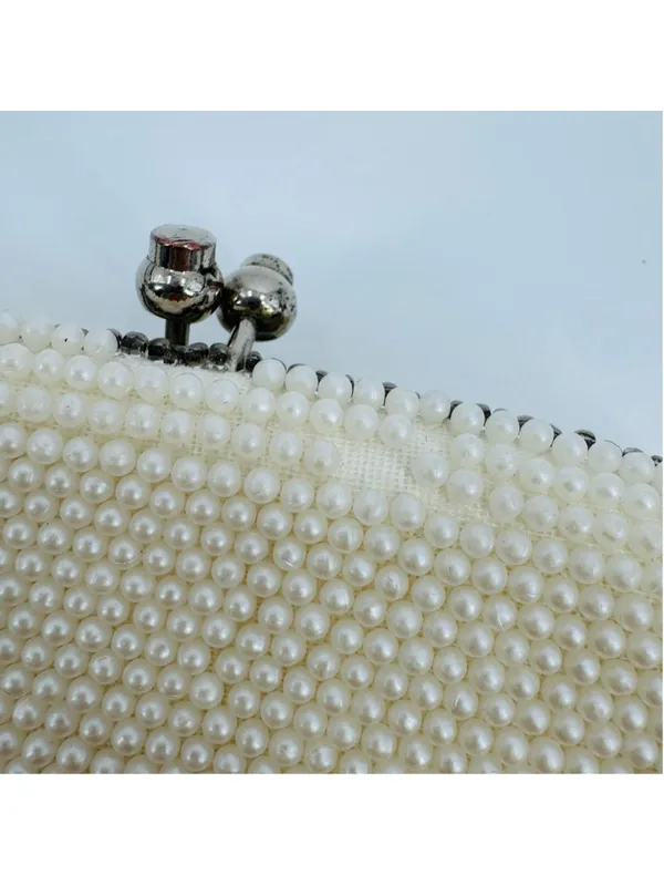 Vintage Beaded Pearl Kisslock Clutch Off-White Silver - Image 3