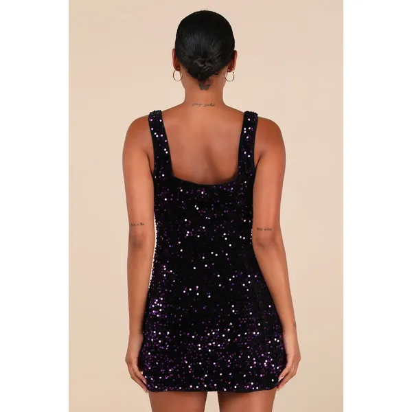 Lulus Seeing Sparkles Dark Purple Velvet Sequin Square Neck Mini Dress Small NWT - Image 3