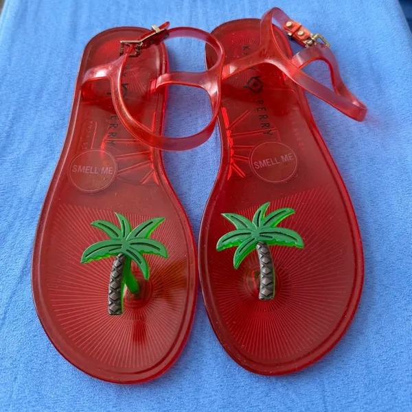 Katy Perry Sandals Size 7 Red Palm Tree Ankle Strap Jelly Summer Shoes NEW - Image 2