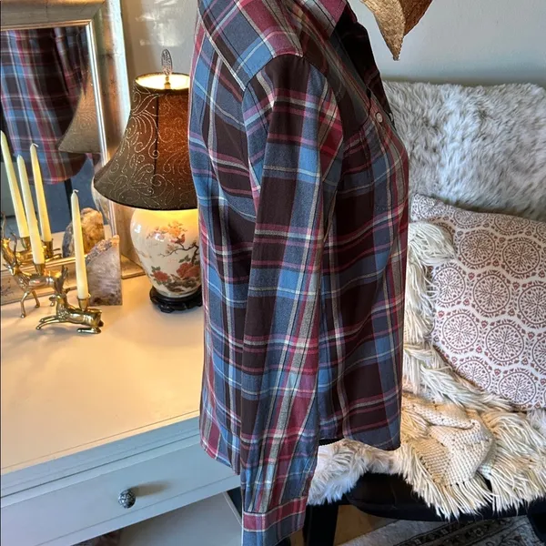 Ralph Lauren, brown blue rose plaid button-down, cotton western shirt S​​ - Image 8