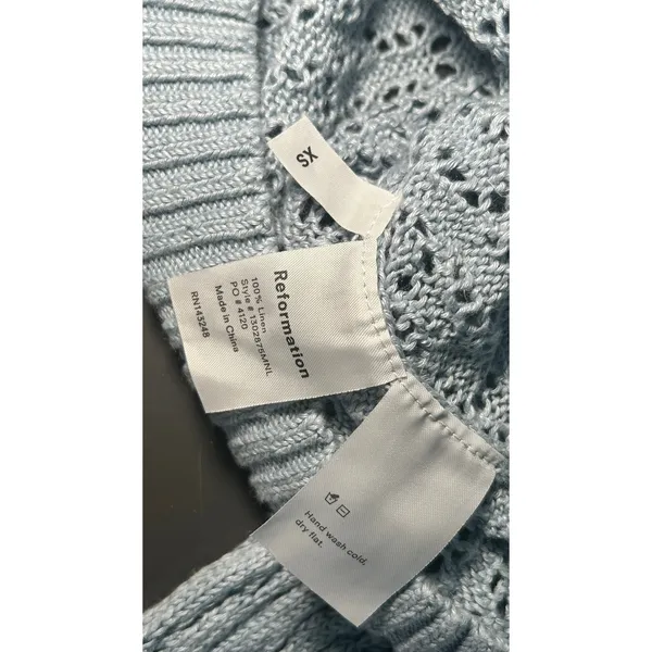 Reformation‎ Light Blue Linen Open Knit Crewneck Sweater Top Size XS - Image 5