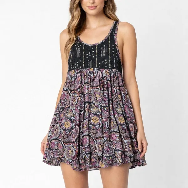 Hollister Babydoll Tank Dress XS Black Paisley Lace Sequin Beaded Swing Boho - Image 2