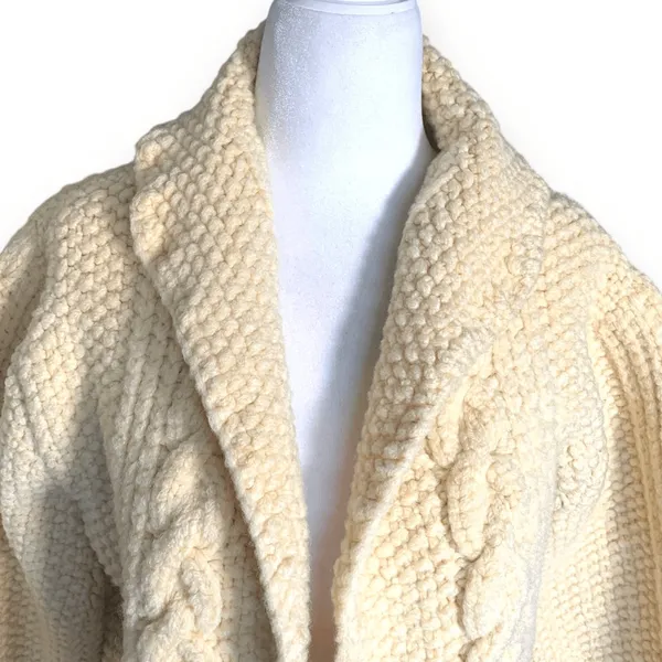Vintage Hand Knit Oatmeal Cable Knit Fisherman Cardigan Sweater Cropped Cozy - Image 3