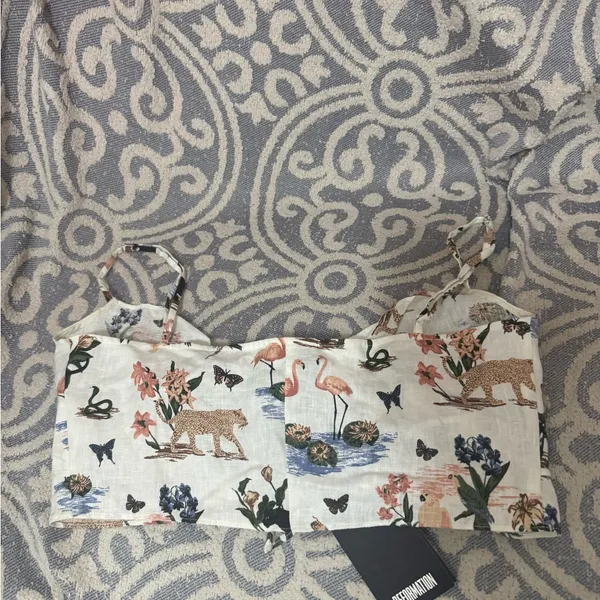 Reformation Medium Linen Crop Double Tie Tank Top Animal Print Janeiro Safari - Image 4