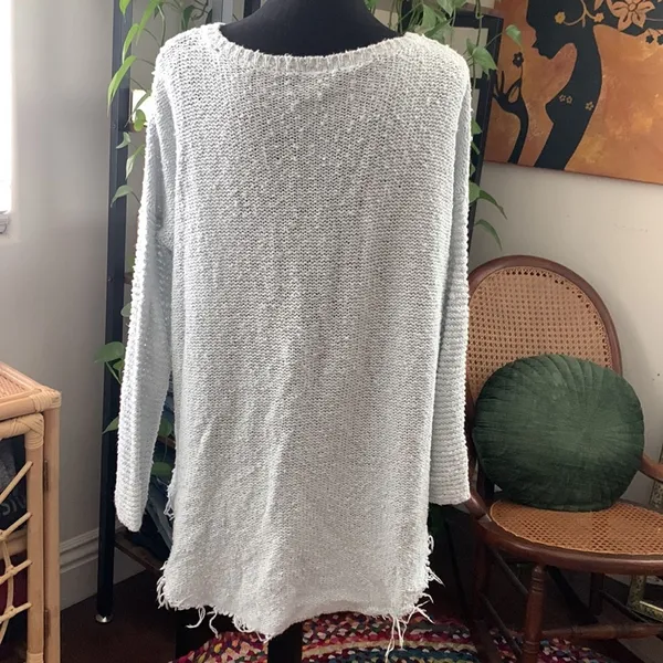 Free People Minty Blue Open Crochet Knit Long Sleeve V-neck Boho Hippie Sweater - Image 3