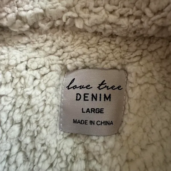 Love Tree Black Denim Jacket Cream Sherpa Collar Size L - Image 4