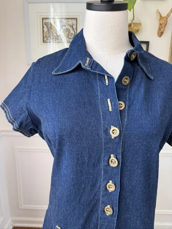 Vintage 90s G Dresses Stretchy Denim Half Button Drop Waist Dress L XL 14 - Image 3