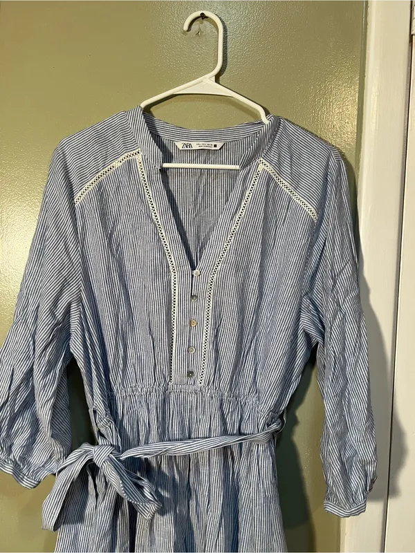 Zara Women's Size Large Mini Shirt Dress Blue White Stripes Crochet Belted Linen - Image 5