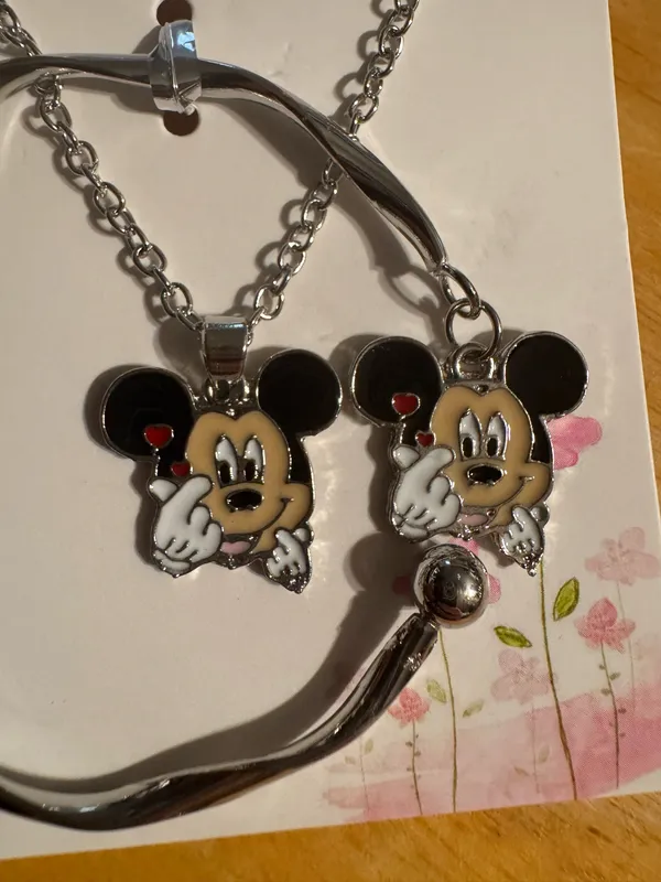 Kids Silver Tone Enameled Mickey Themed Bracelet Necklace Earrings - Image 3
