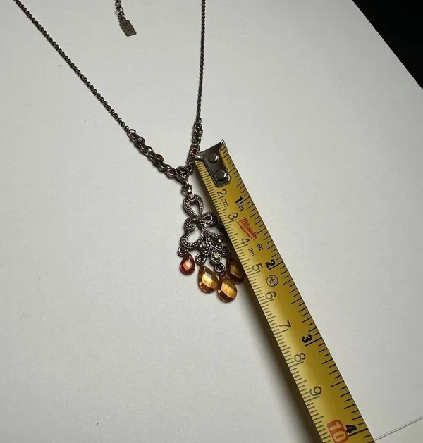 1928 Collection Rhinestone Pendant Copper Tone Necklace Orange / Amber Shades - Image 7