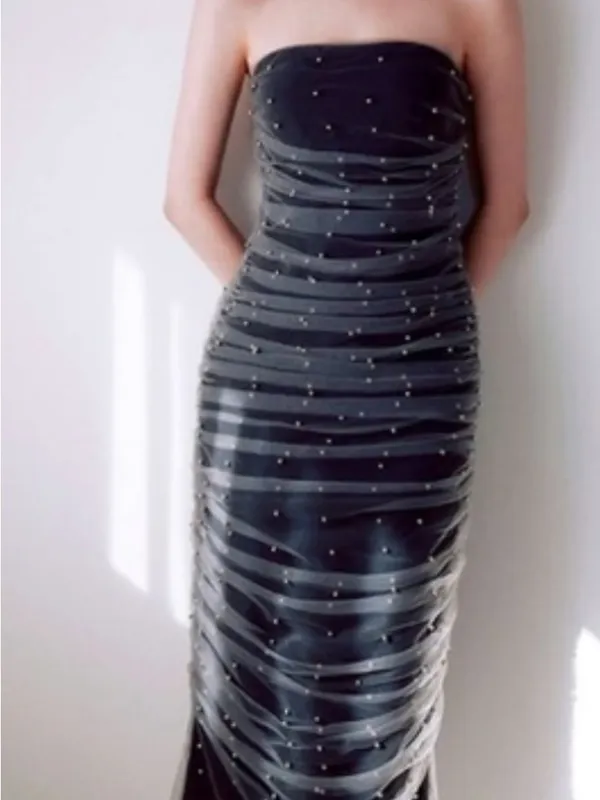Zara Charcoal Gray Strapless Pearl-Embellished Ruched Dress - Image 5