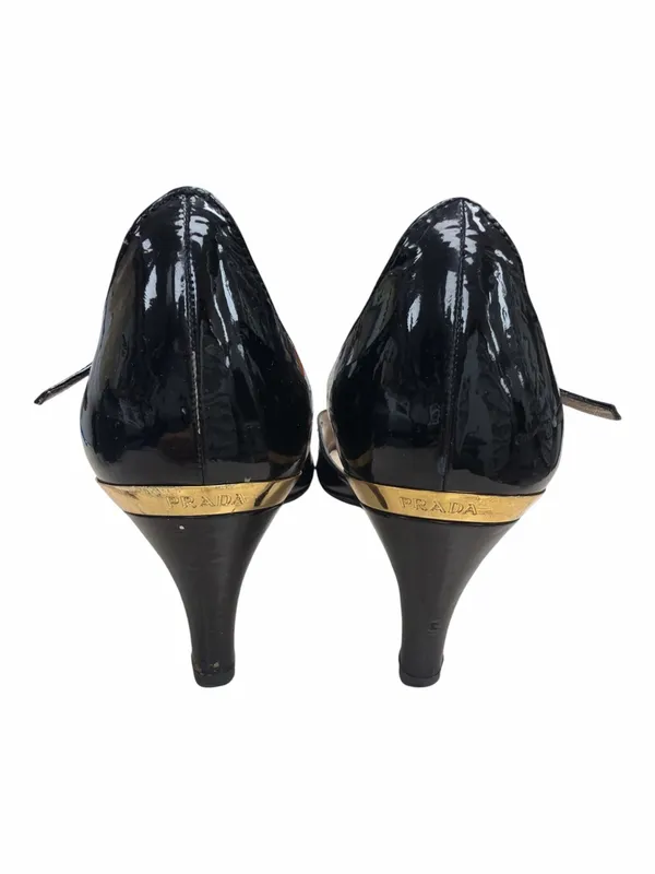 Prada Black Patent Leather T-Strap Peep Toe Heels - Image 4