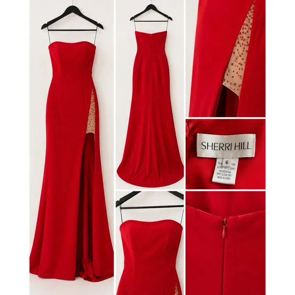 Sherri‎ Hill Red Strapless High Slit Rhinestone Mesh Formal Gown Dress Size 6 - Image 2