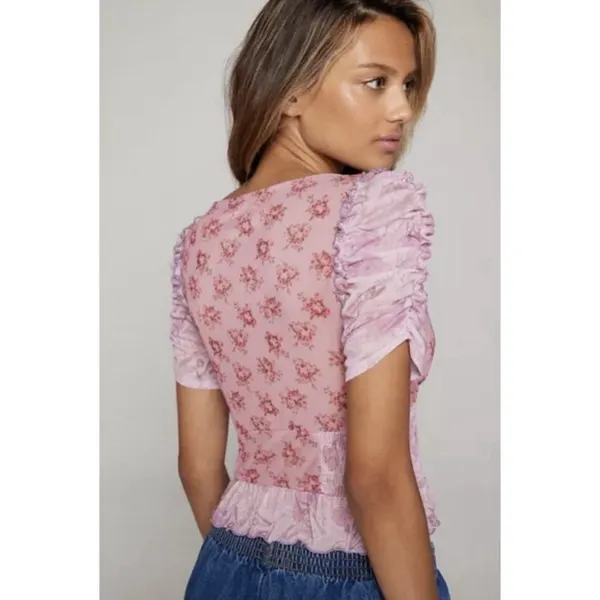 Kimchi Blue NWT Pink Floral Mesh Puff Sleeve Top Medium Peasant Cottagecore Boho - Image 2