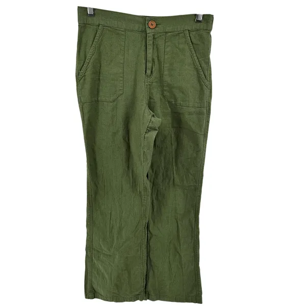 Roxy Oceanside Pants Linen Cotton Loose Straight Pockets Zip Viney Green M 30x32 - Image 2
