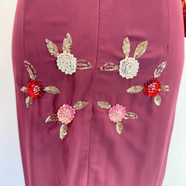 Burgundy Sleeveless Midi Dress Sequined Flowers Open Back Party Elegant Wedding - Image 7