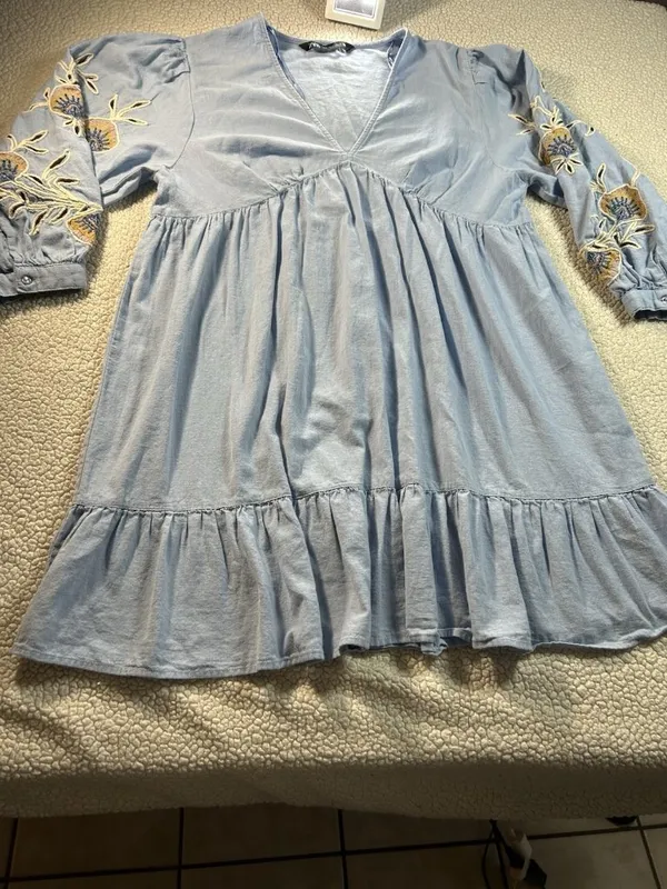 Zara Floral Embroidered Cotton Linen Dress Women’s Size S - Image 2