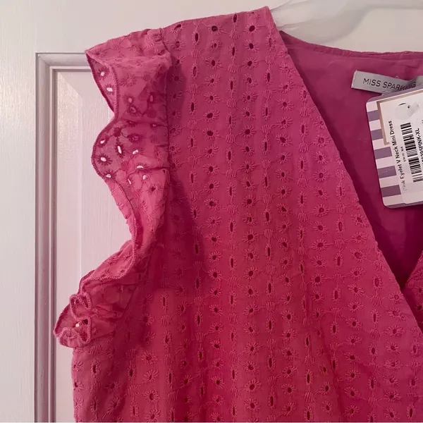Women’s Pink Eyelet V-Neck Mini Dress - Image 5
