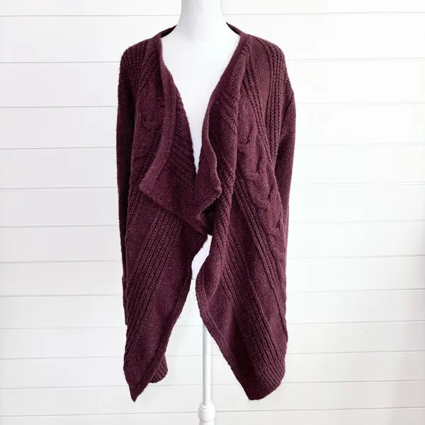 Abercrombie & Fitch Burgundy Cross Hatch Cable Knit‎ Cardigan Size M - Image 2