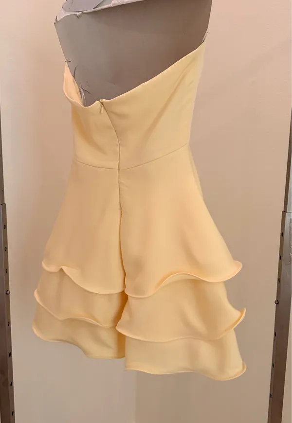 * satin light yellow A line strapless homecoming dress with ruffles size 4 - Image 3