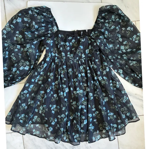 Lulus Black Blue Floral Puff Sleeve Square Neck Babydoll Mini Dress Medium‎ - Image 13
