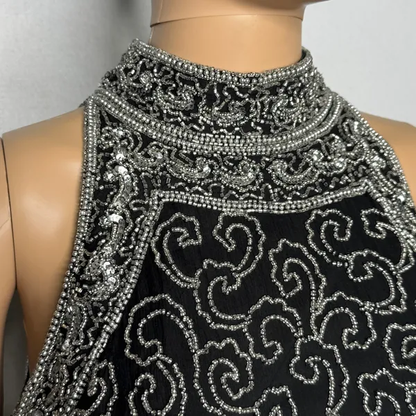 Vintage 1980s Papell Boutique Black Silver Beaded Silk Evening Top Small - Image 5