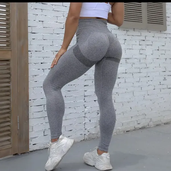 Workout Yoga Athletic Leggings Heather Gray Banded Waist - Image 2