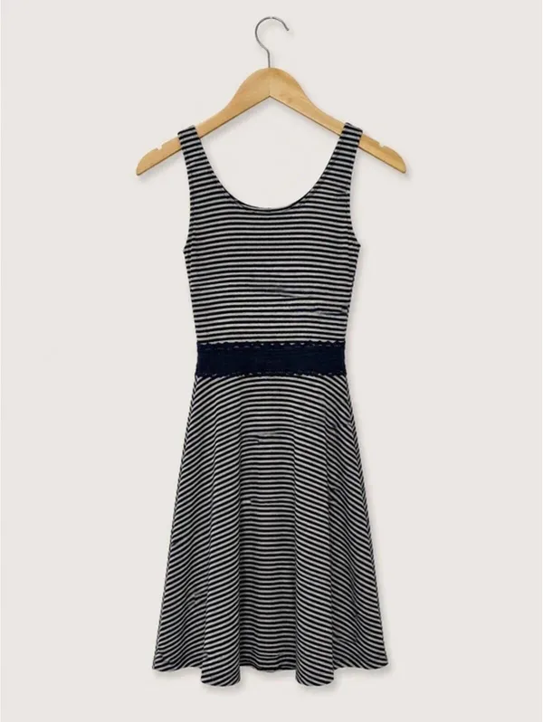 Abercrombie & Fitch Striped Fit & Flare Dress Lace Waist Navy Grey - Image 3