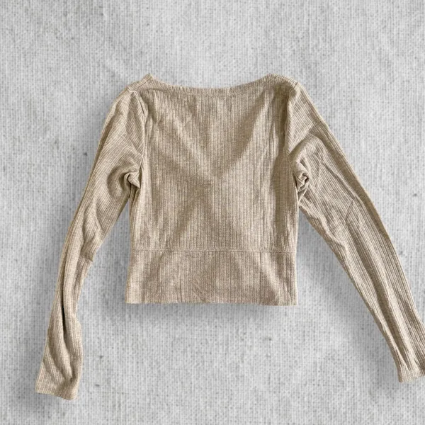 Abercrombie & Fitch Ribbed Tie Front Crop Top Size S Oatmeal Long Sleeve Knit - Image 3