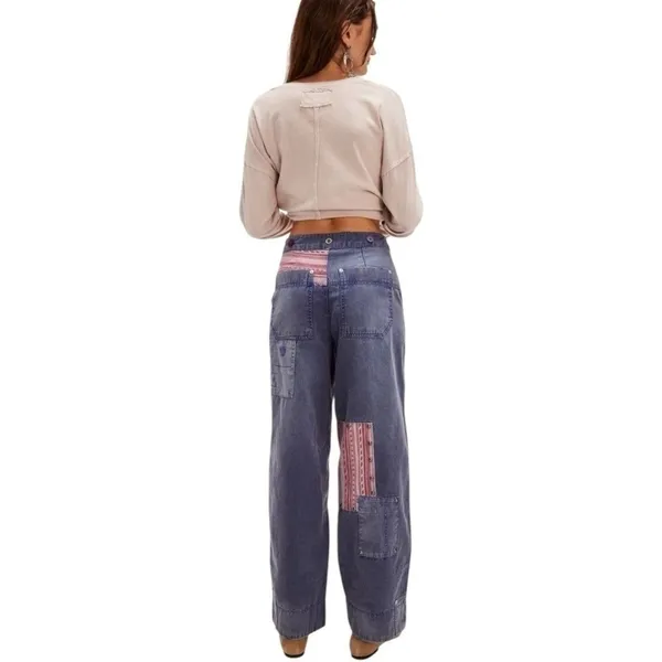RARE Free‎ People La Vie Patched Patchwork Studded Blue Pants / Jeans Boho 4 S - Image 4