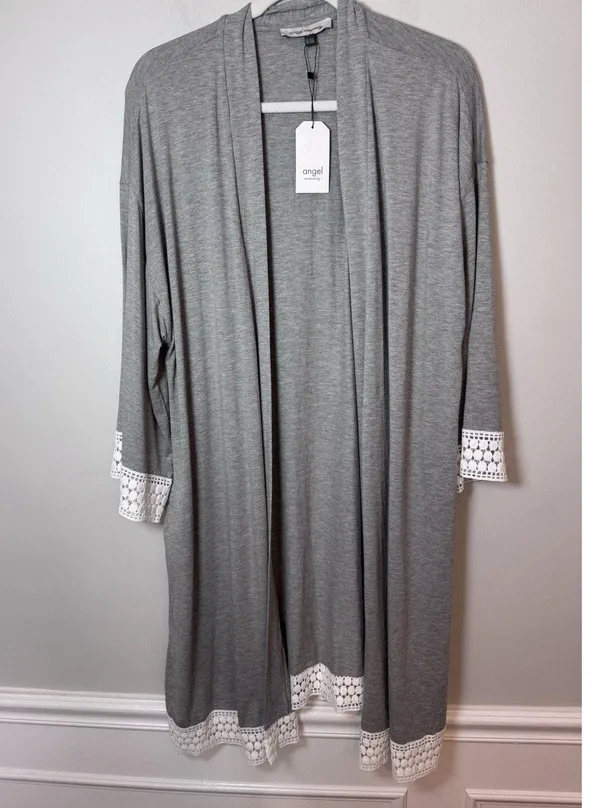 Angel Maternity Womens Sz XL/2XL Bamboo Robe Grey Crochet Trim Hospital Robe NWT - Image 2