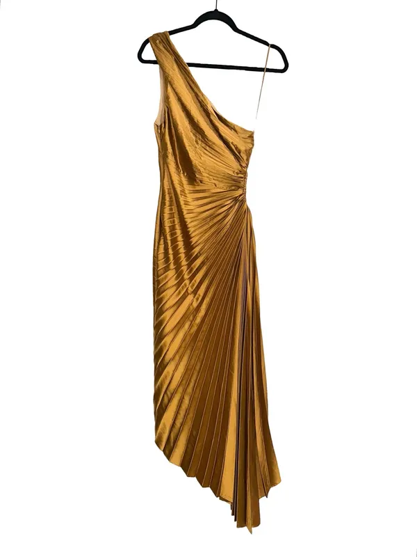 Dress Forum One Shoulder Pleated Asymmetrical Satin Midi Dress SMALL in Copper - Image 4